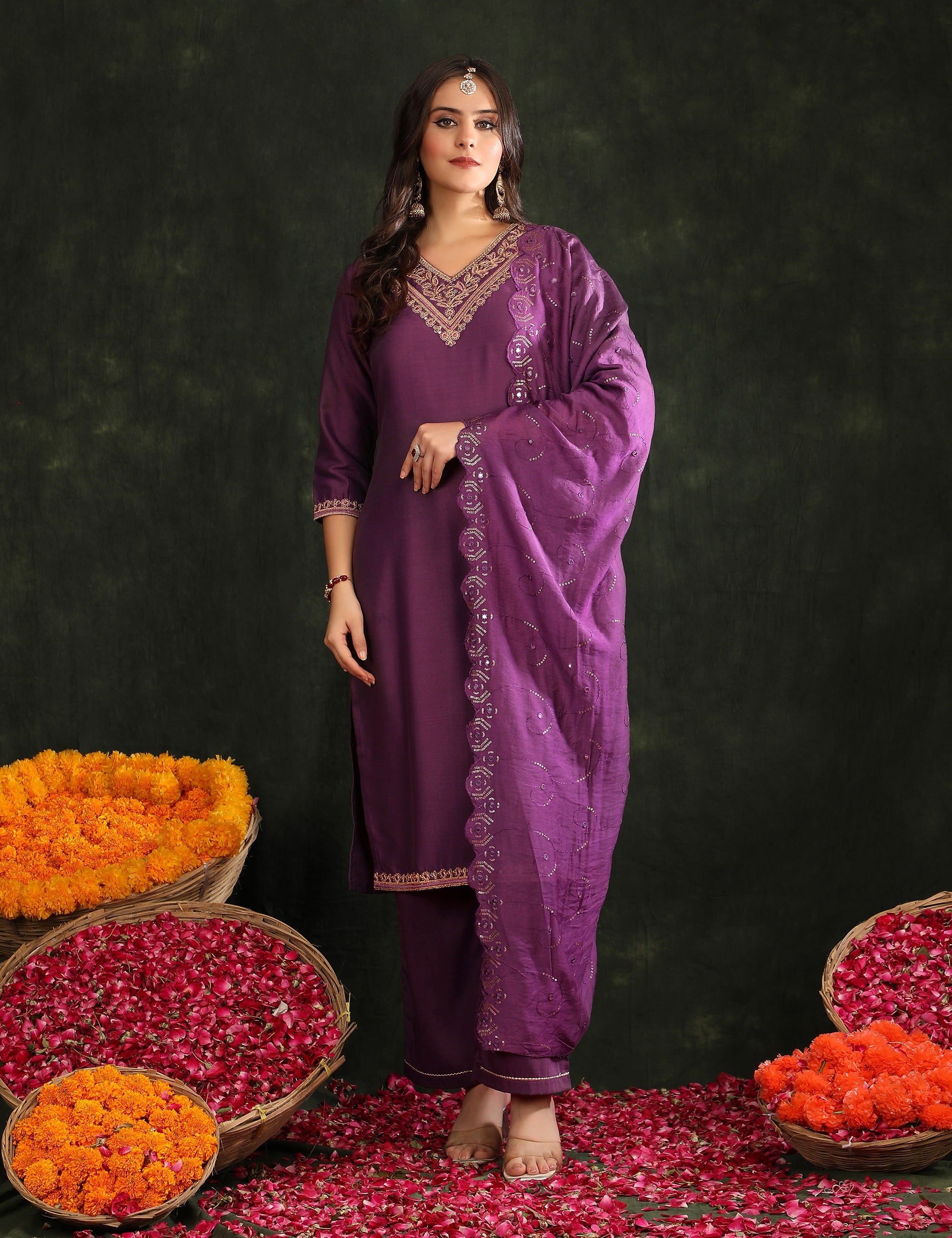 Women Ethnic Motifs Embroidered Regular Thread Work Kurta with Trousers & With Dupatta